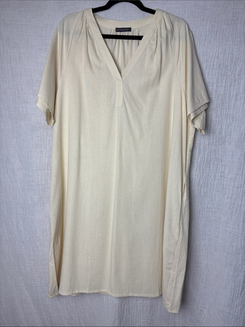 Fensace Cream V-Neck Linen Blend Tunic Slip Dress with Pockets